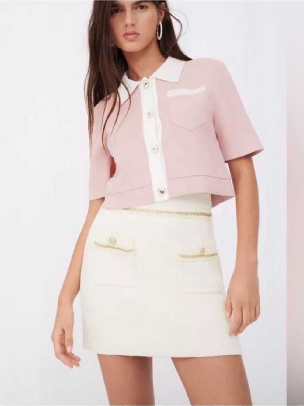 Maje Pink and Cream Cropped Button-Up Polo Top